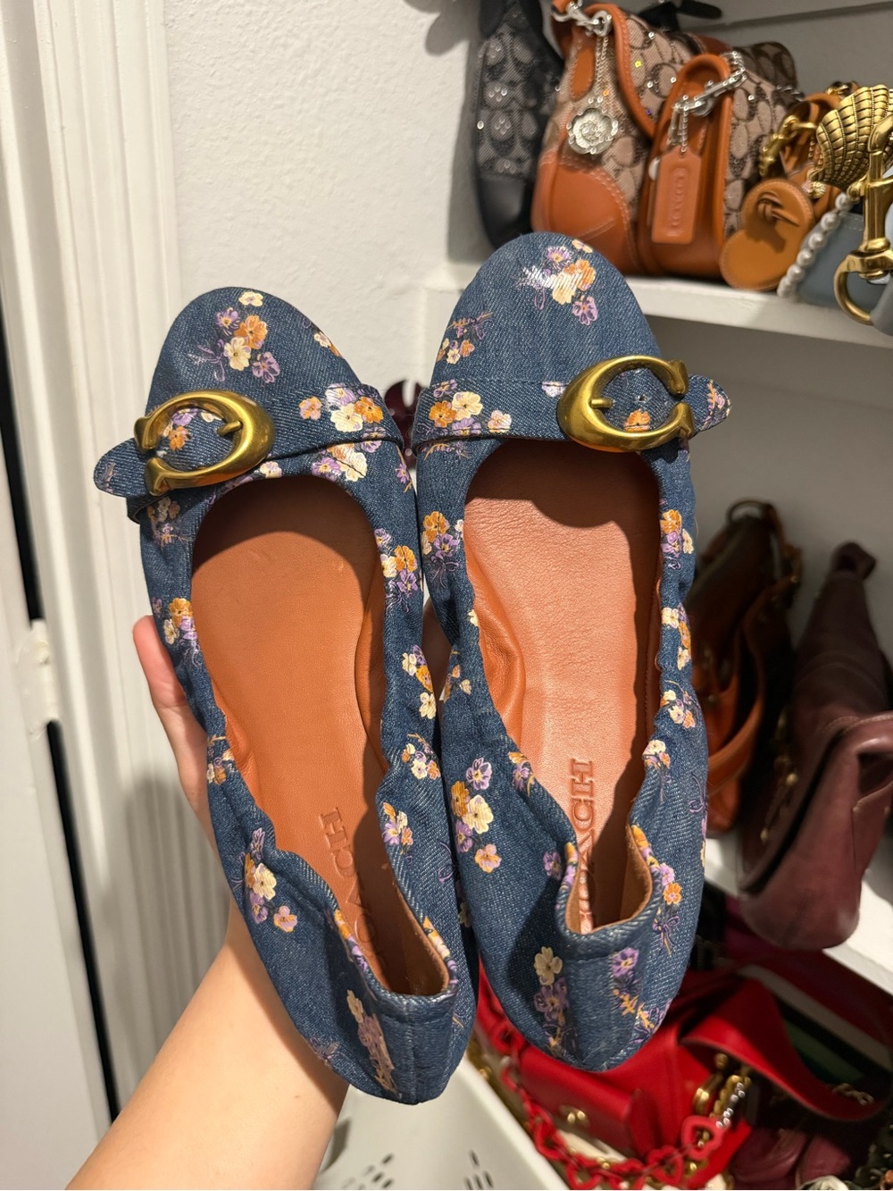 Coach Navy Floral Ballet Flats with Gold Buckle